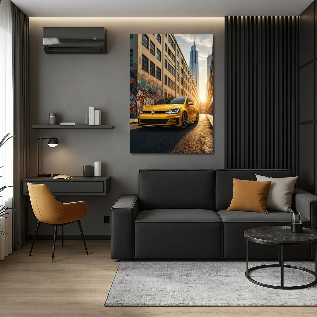 Volkswagen Golf GTI Yellow Urban Street Sunset – Wall Art