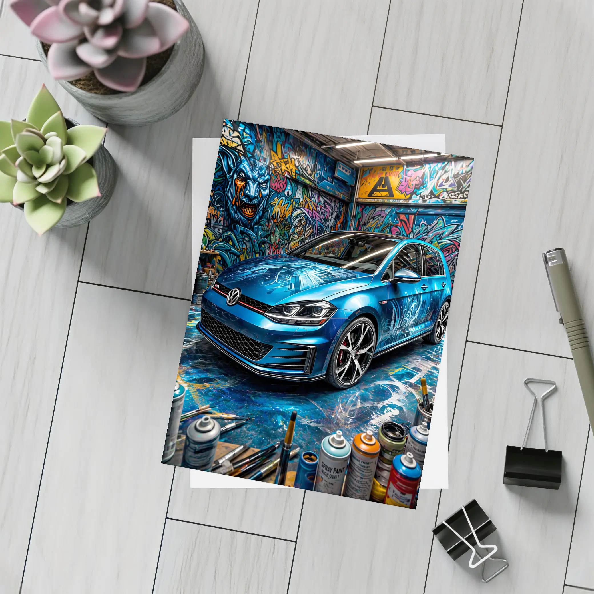Volkswagen Golf GTI Blue Graffiti Garage – Postcards