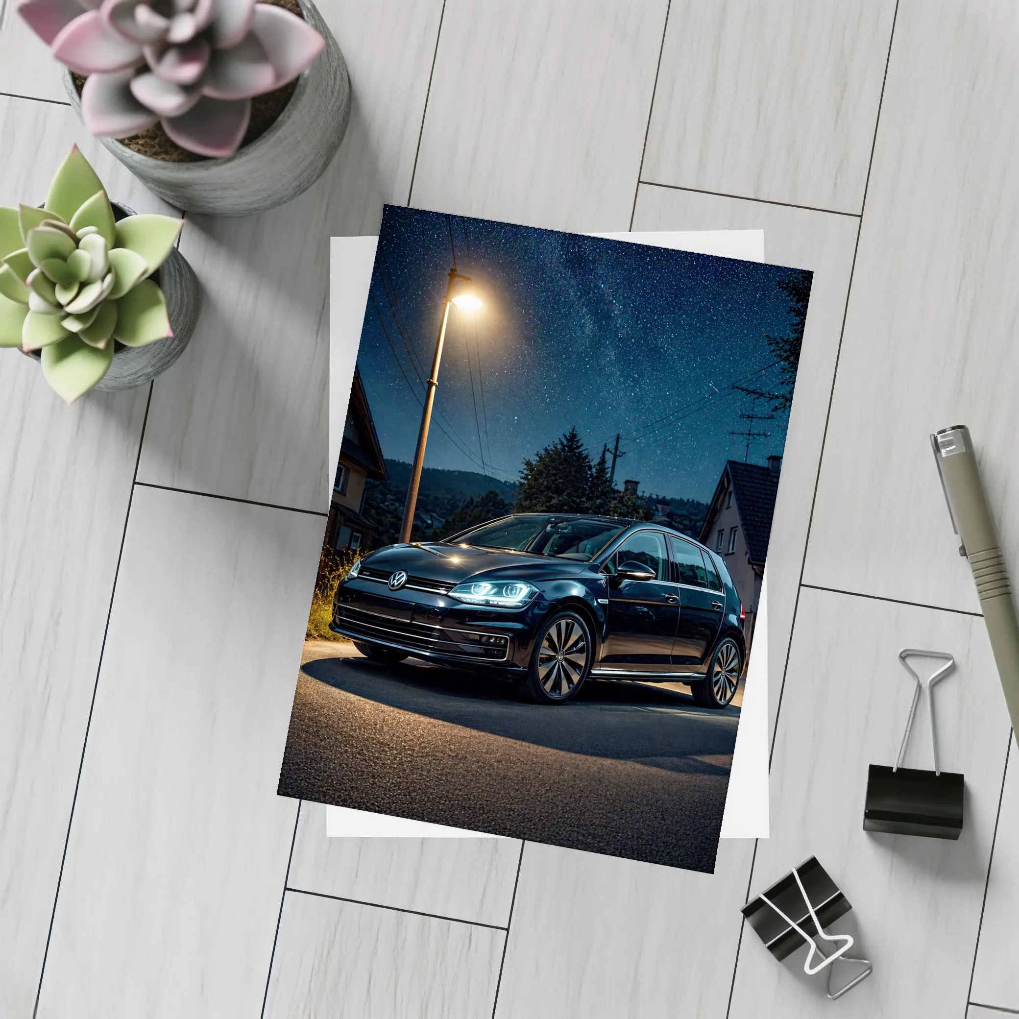 Volkswagen Golf Parked Under Night Sky – Postcards