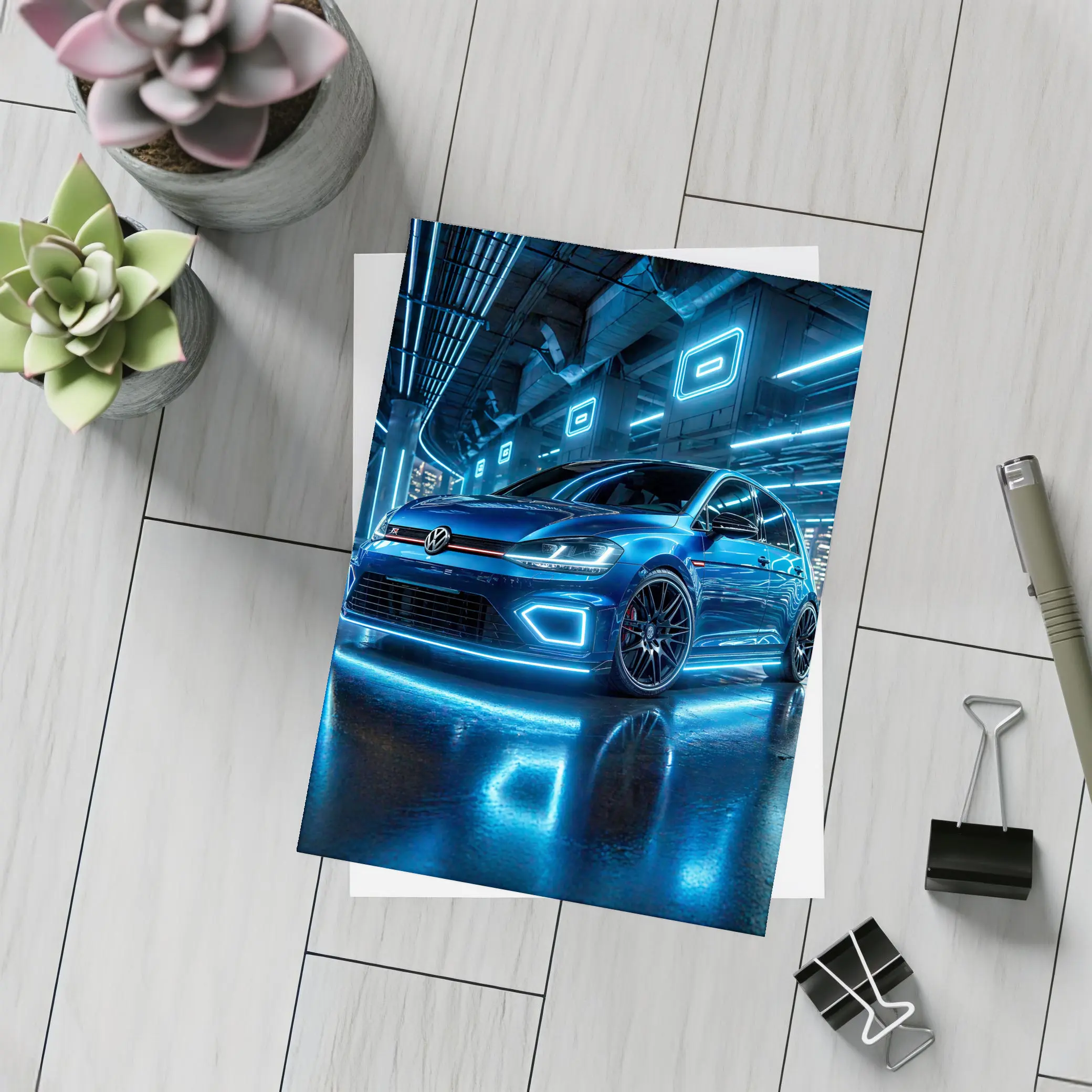 Volkswagen Golf R Blue Neon Garage – Postcards
