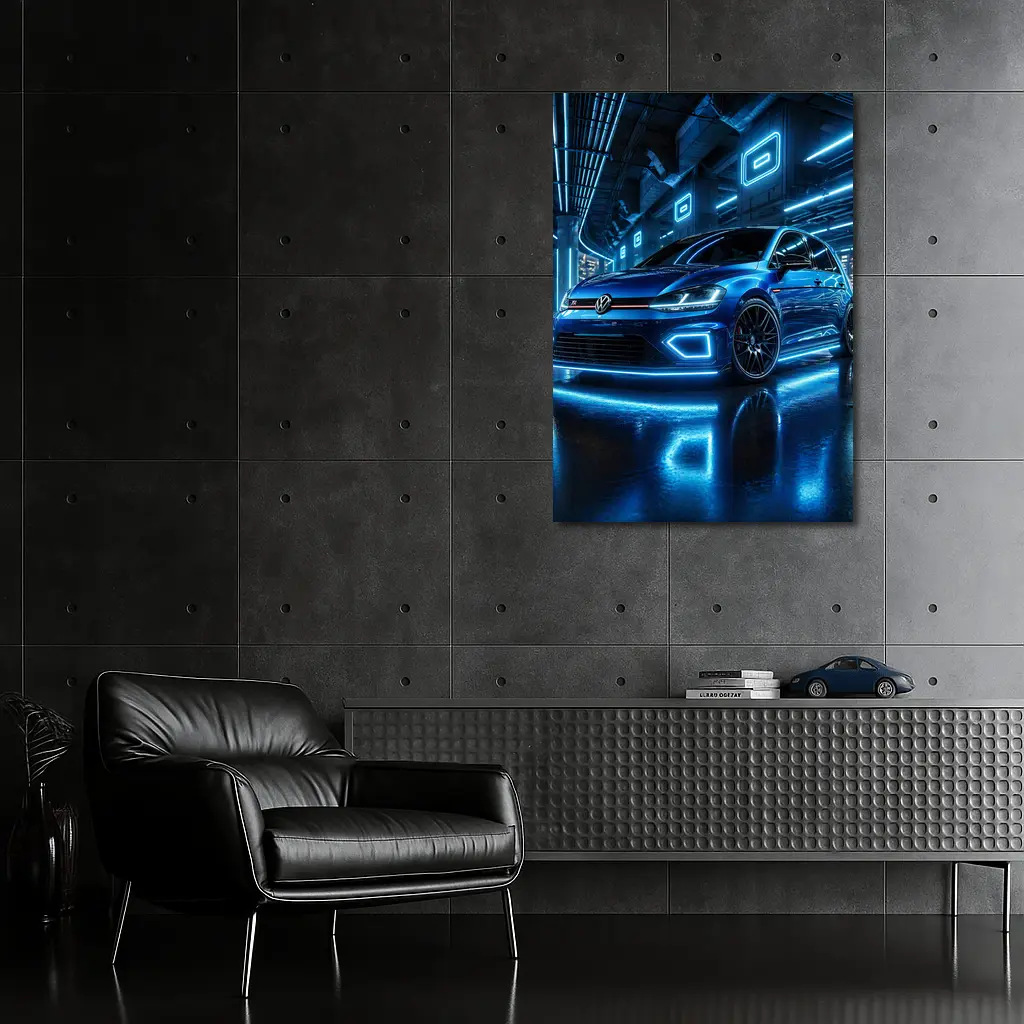 Volkswagen Golf R Blue Neon Garage – Wall Art