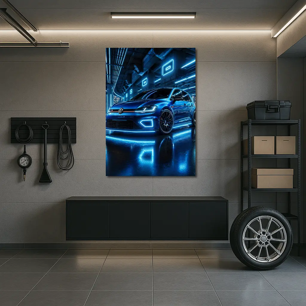 Volkswagen Golf R Blue Neon Garage – Wall Art