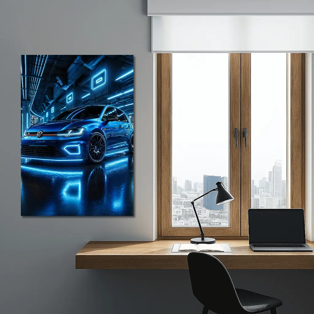 Volkswagen Golf R Blue Neon Garage – Wall Art