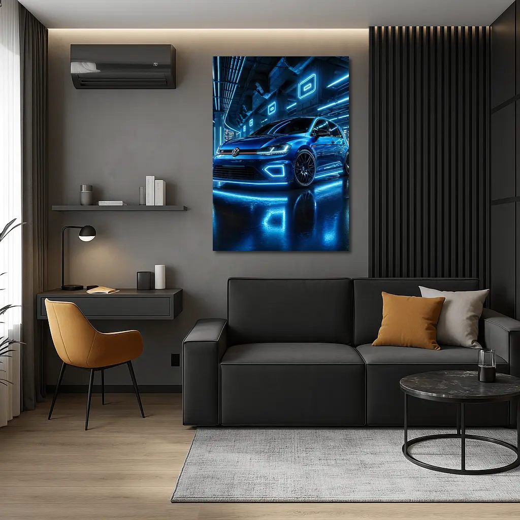 Volkswagen Golf R Blue Neon Garage – Wall Art
