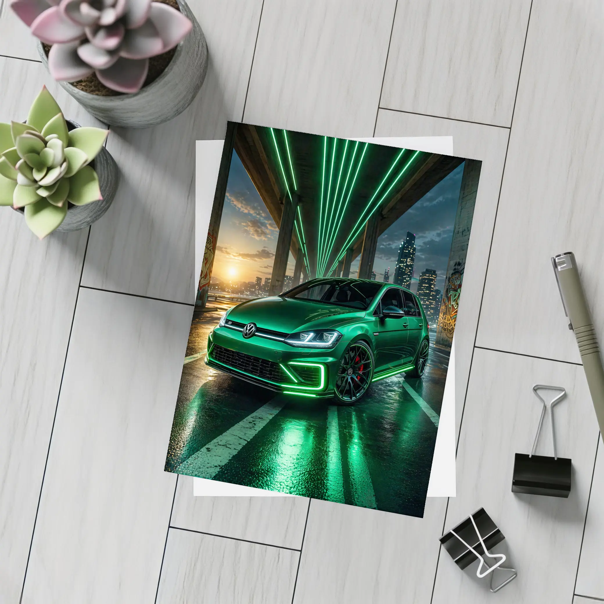 Volkswagen Golf R Green Neon Night City – Postcards
