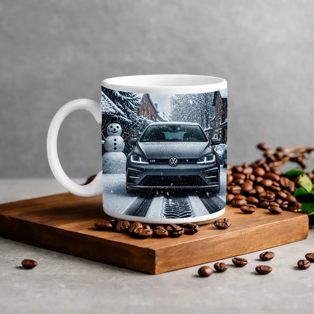 Volkswagen Golf R Driving Through Winter Snow – Mugs
