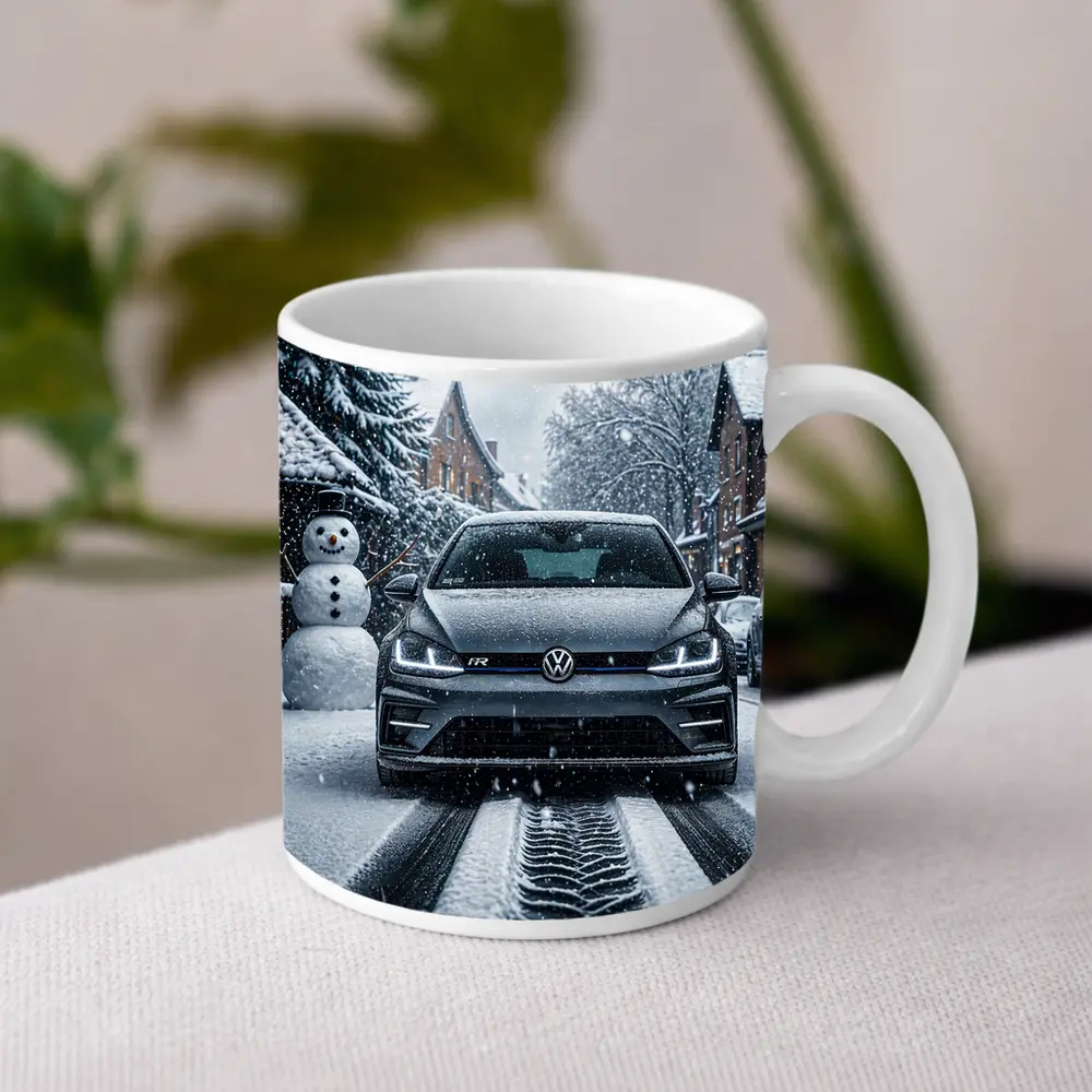Volkswagen Golf R Driving Through Winter Snow – Mugs