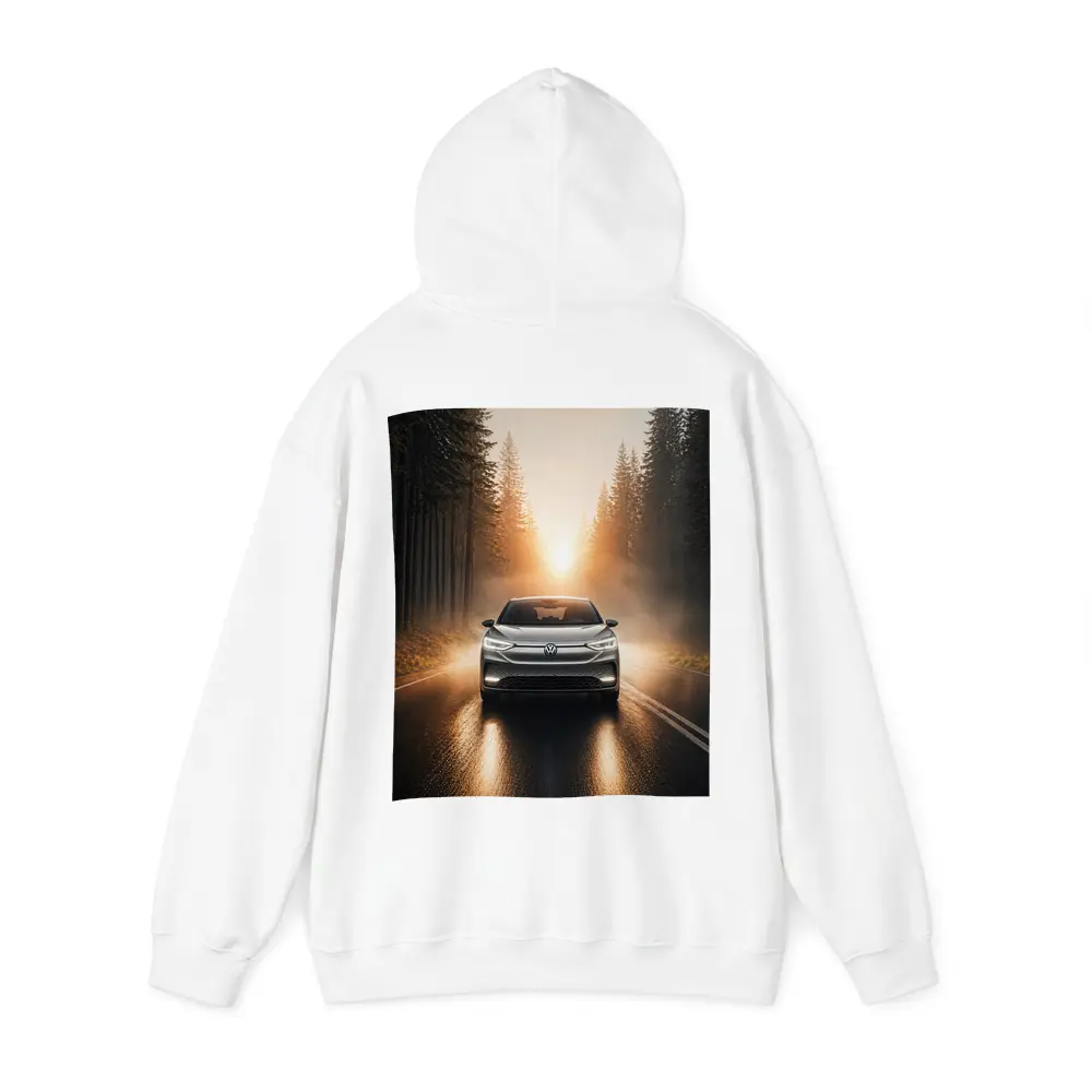 Volkswagen ID4 Silver On Foggy Forest Road – Hoodies