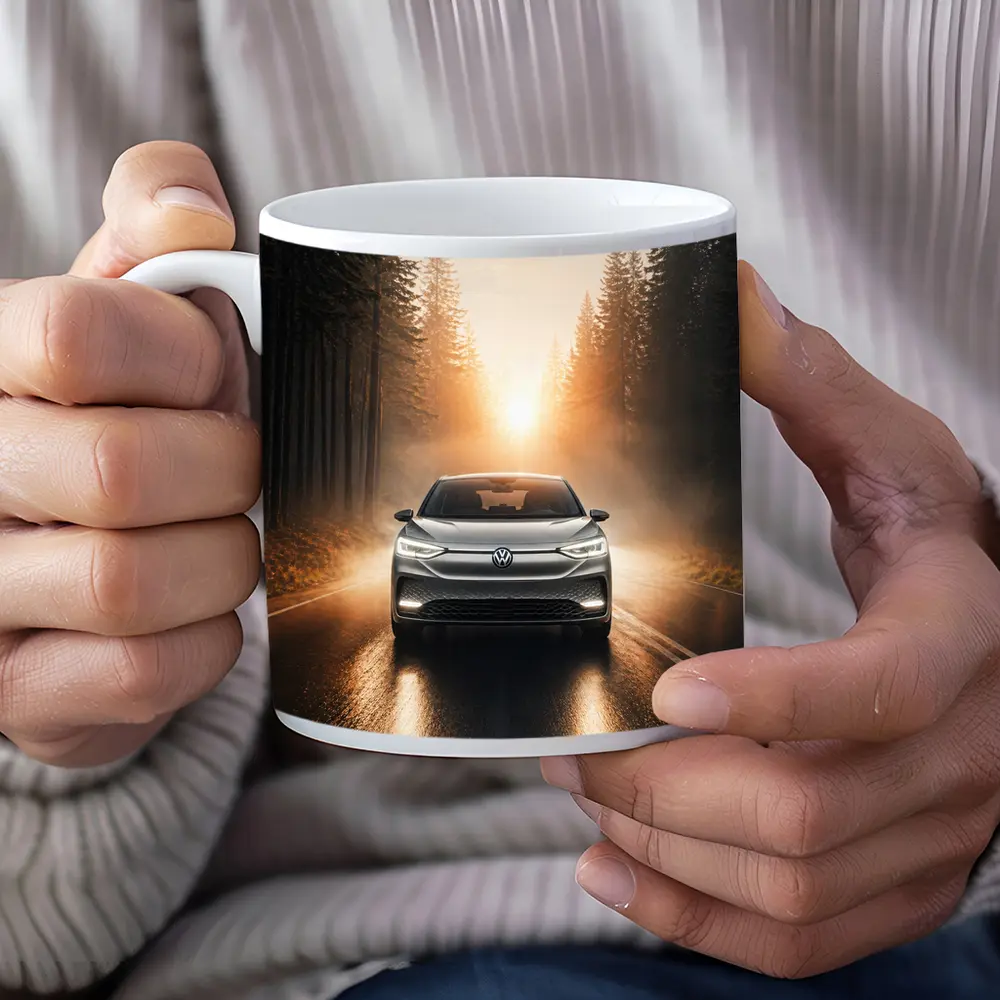 Volkswagen ID4 Silver On Foggy Forest Road – Mugs