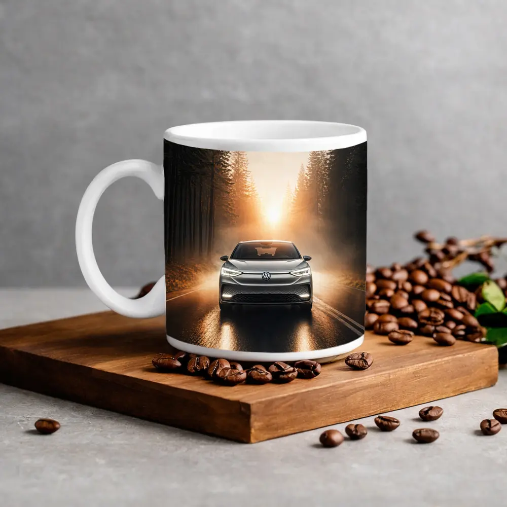 Volkswagen ID4 Silver On Foggy Forest Road – Mugs