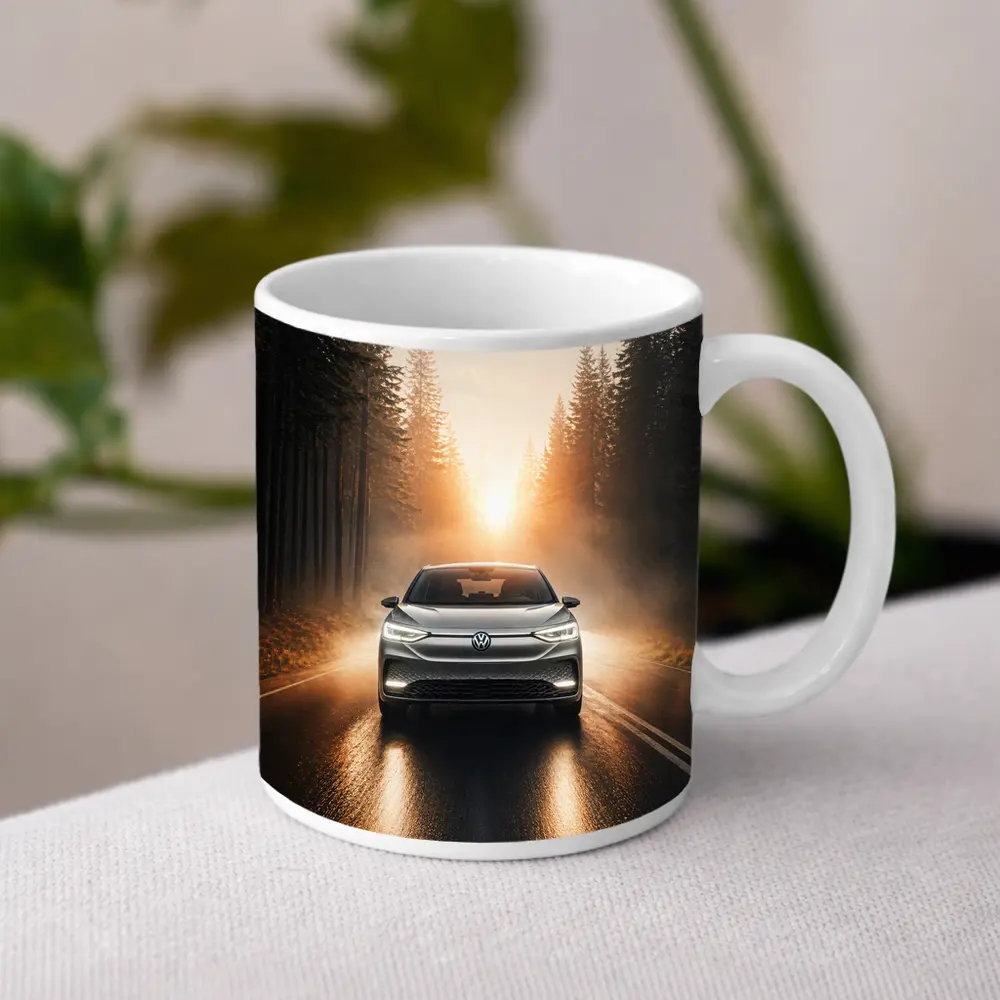 Volkswagen ID4 Silver On Foggy Forest Road – Mugs