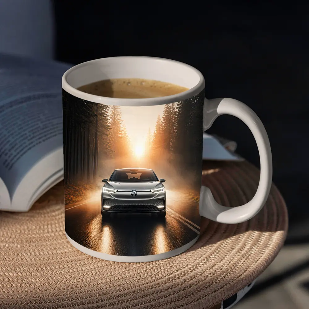 Volkswagen ID4 Silver On Foggy Forest Road – Mugs