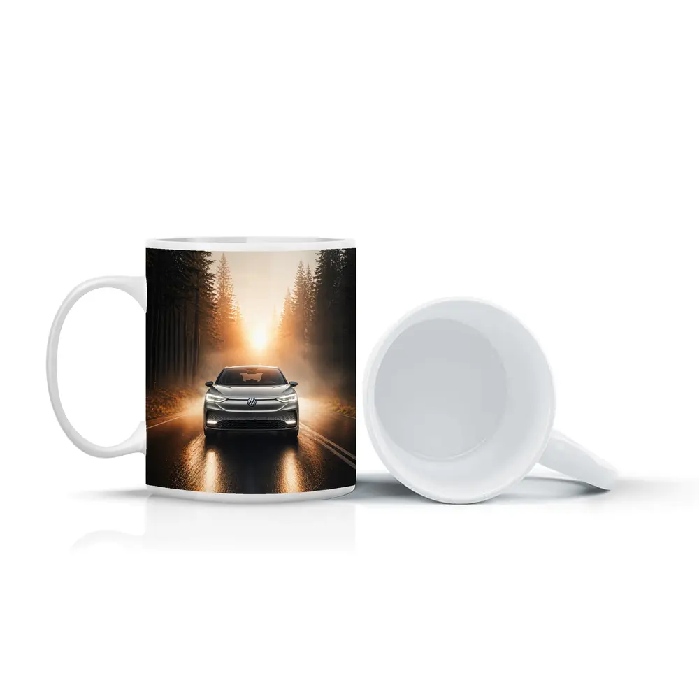 Volkswagen ID4 Silver On Foggy Forest Road – Mugs