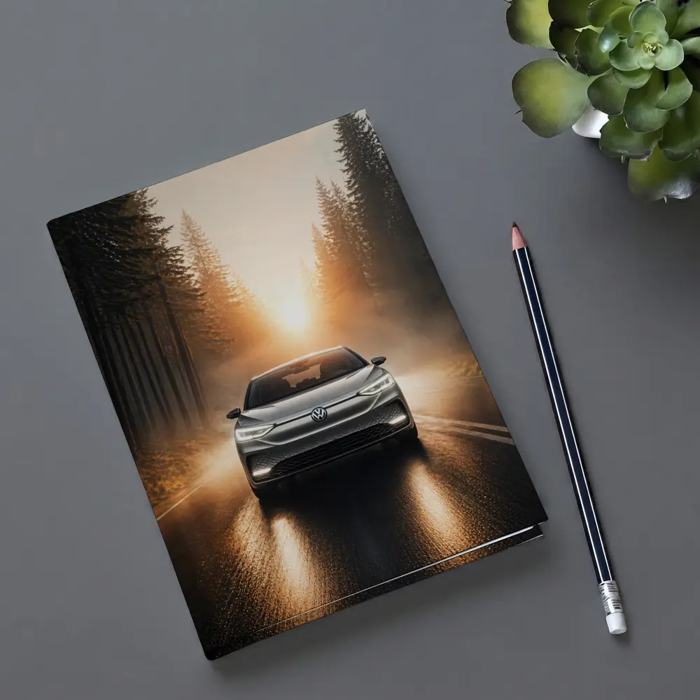 Volkswagen ID4 Silver On Foggy Forest Road – Notebooks