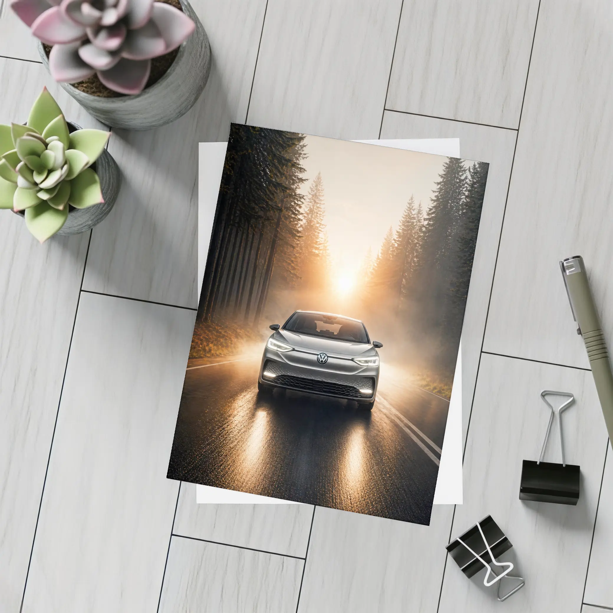 Volkswagen ID4 Silver On Foggy Forest Road – Postcards