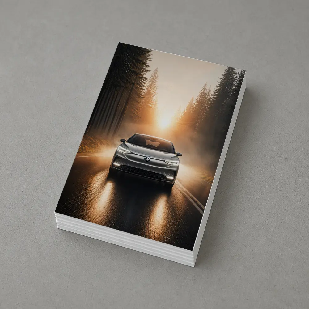 Volkswagen ID4 Silver On Foggy Forest Road – Postcards