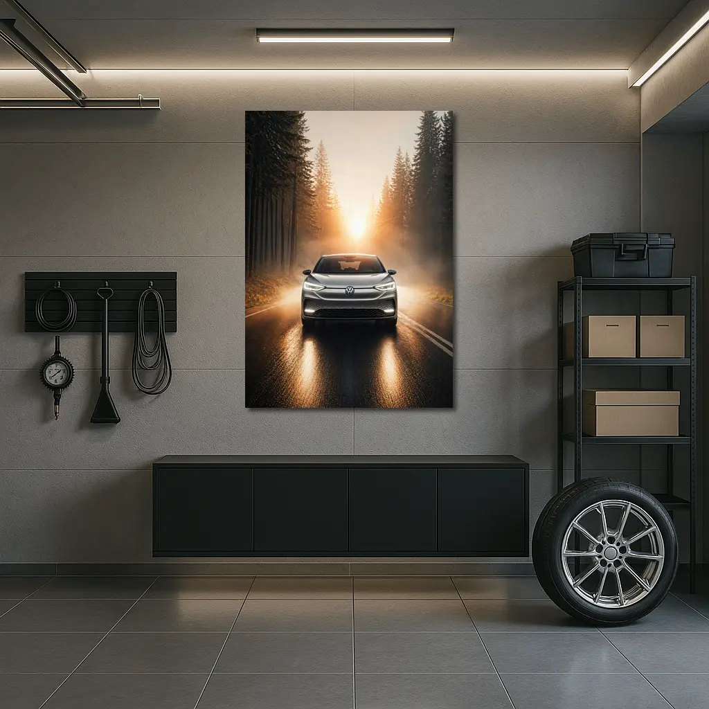 Volkswagen ID4 Silver On Foggy Forest Road – Wall Art