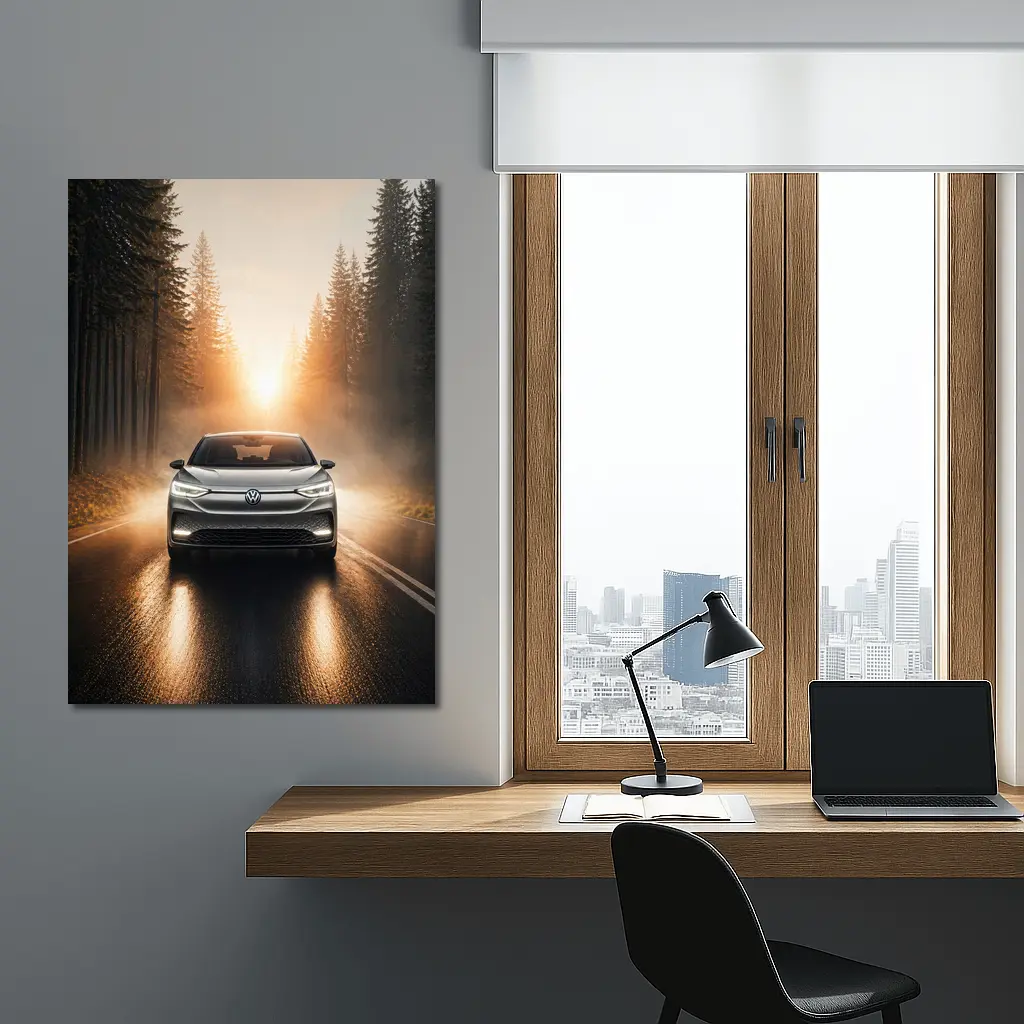 Volkswagen ID4 Silver On Foggy Forest Road – Wall Art