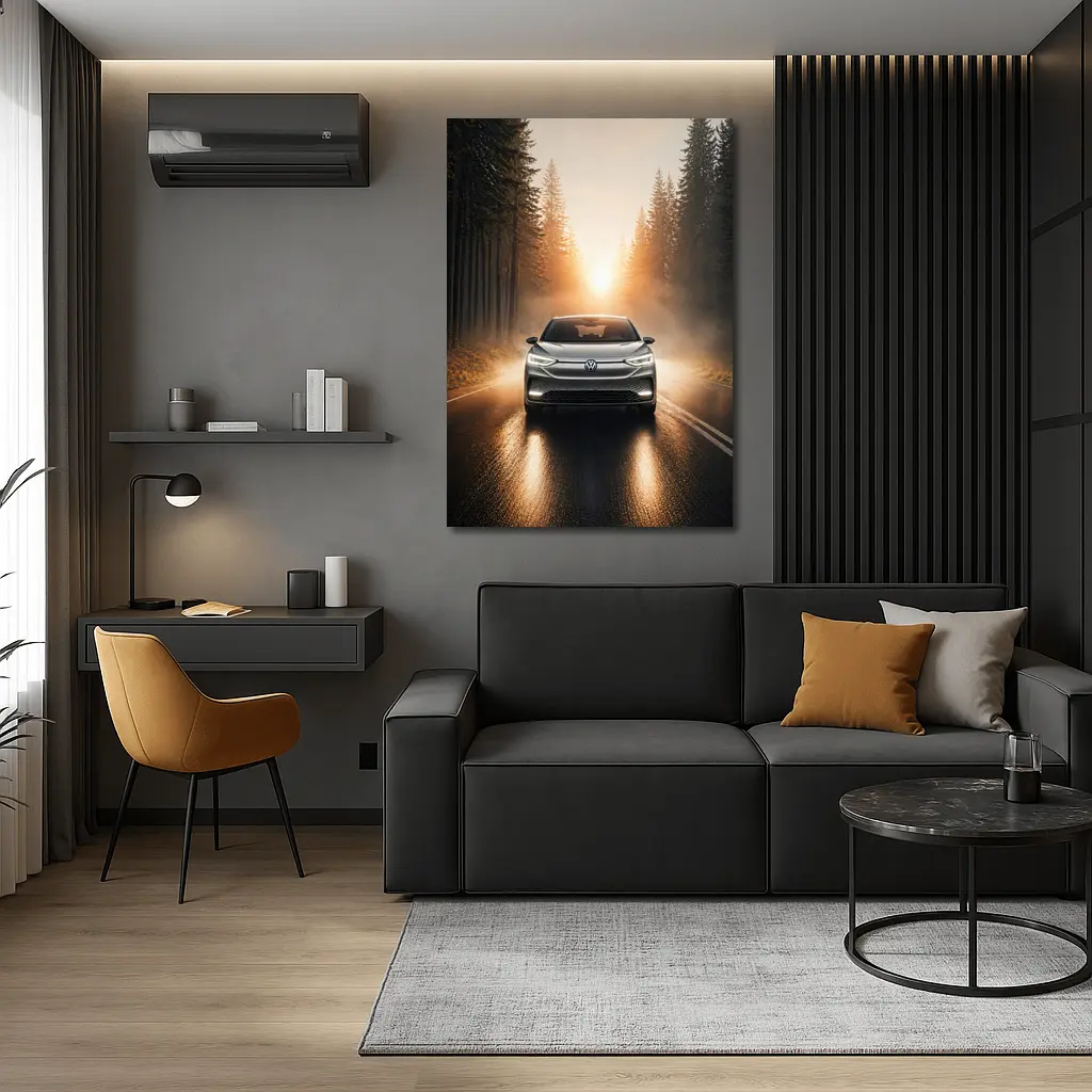Volkswagen ID4 Silver On Foggy Forest Road – Wall Art