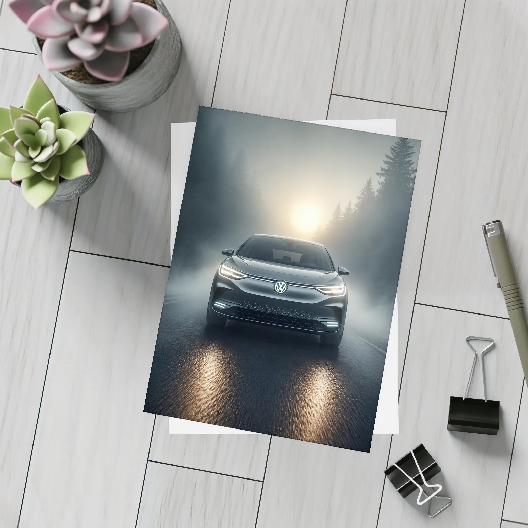 Volkswagen ID4 Electric SUV Foggy Forest Road – Postcards