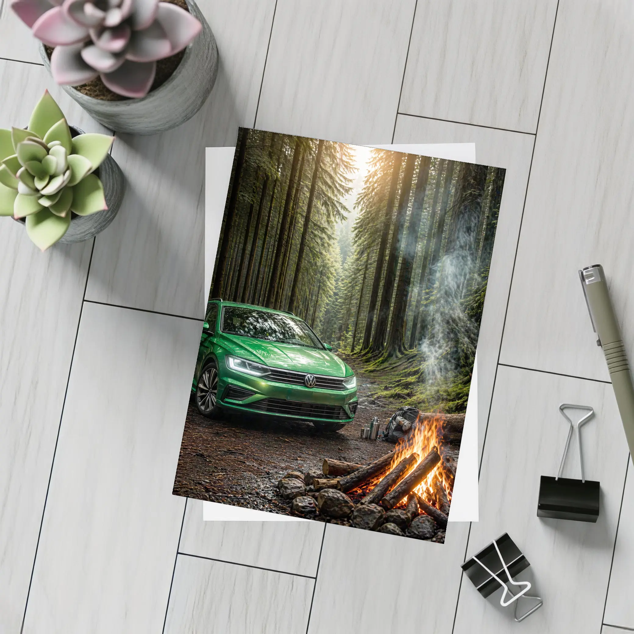 Volkswagen Passat Green Forest Campfire Scene – Postcards