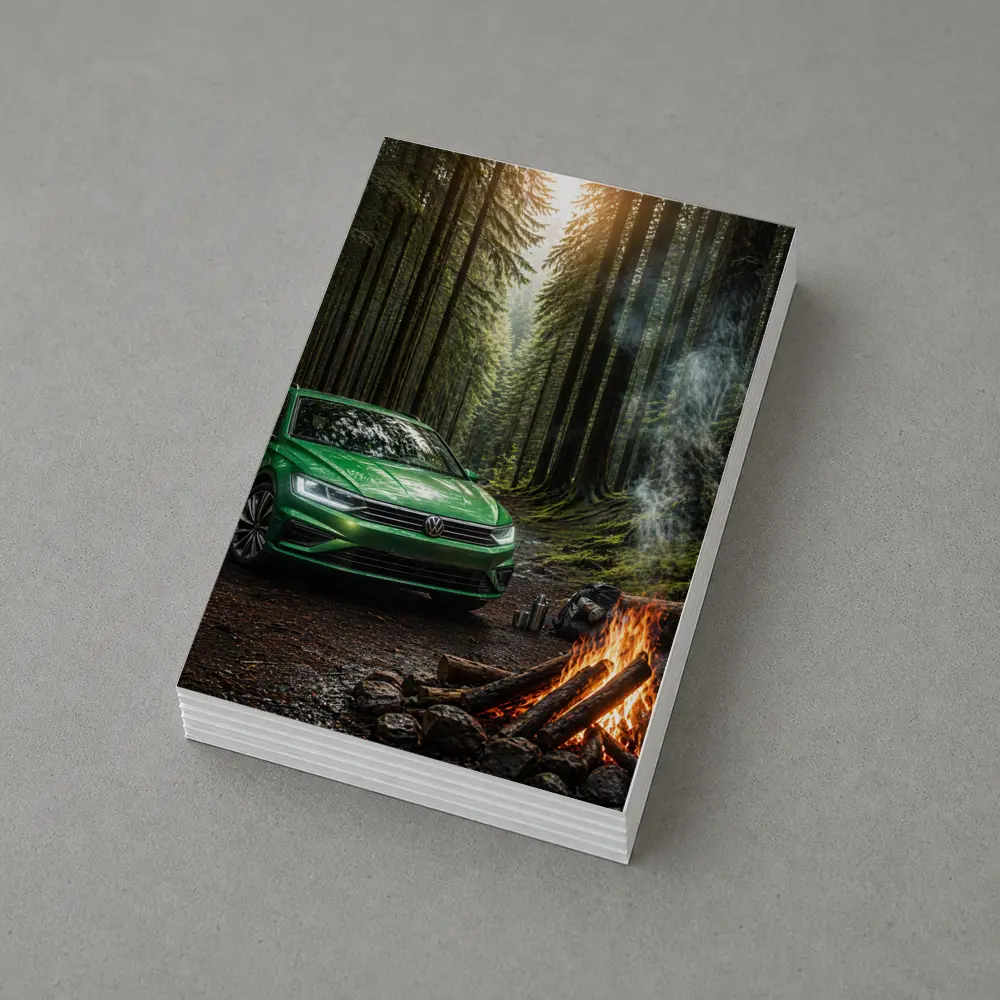 Volkswagen Passat Green Forest Campfire Scene – Postcards