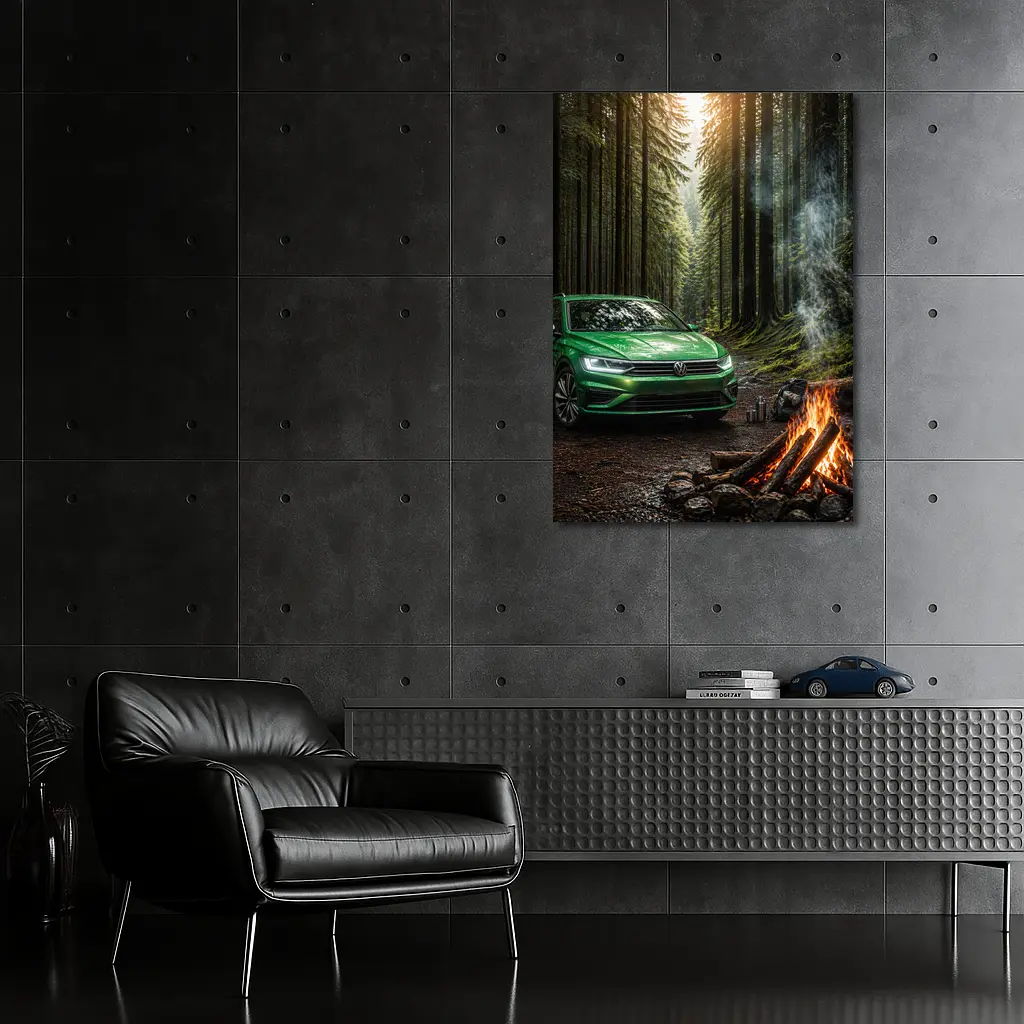Volkswagen Passat Green Forest Campfire Scene – Wall Art