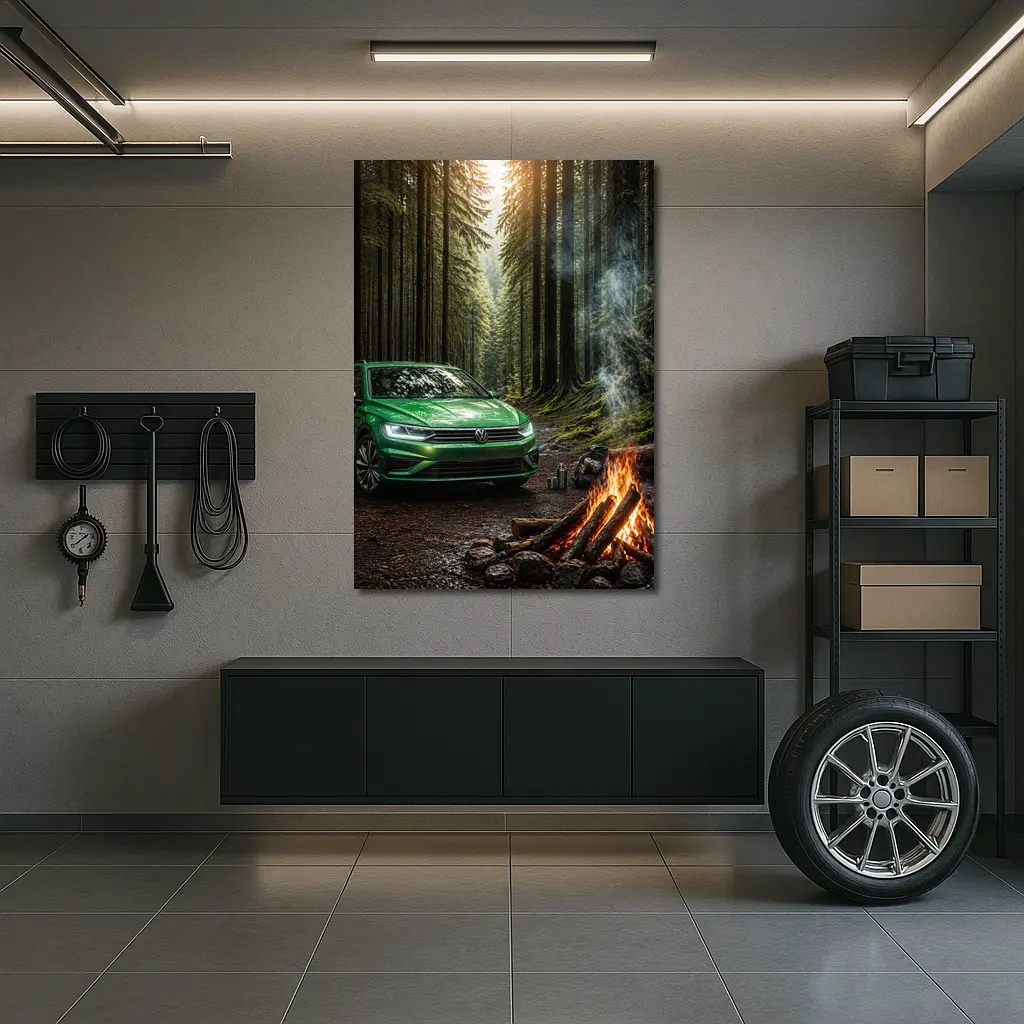 Volkswagen Passat Green Forest Campfire Scene – Wall Art