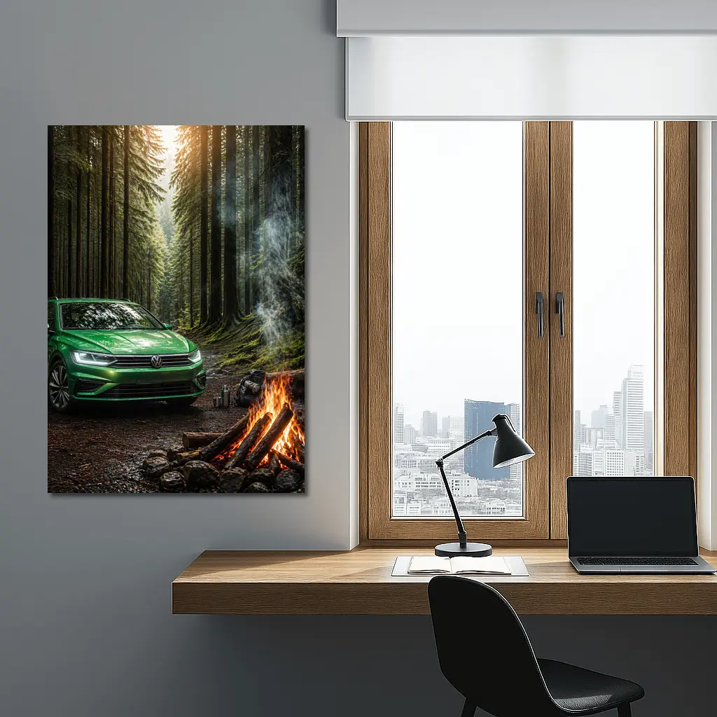 Volkswagen Passat Green Forest Campfire Scene – Wall Art