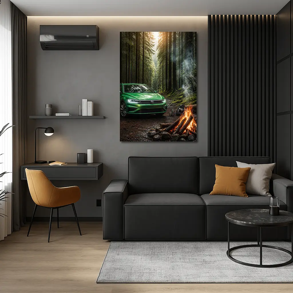 Volkswagen Passat Green Forest Campfire Scene – Wall Art
