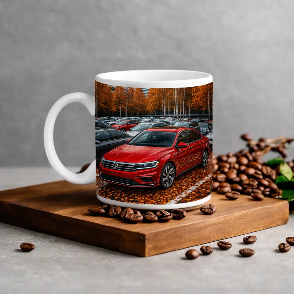 Volkswagen Passat Red Sedan Autumn Parking Lot – Mugs