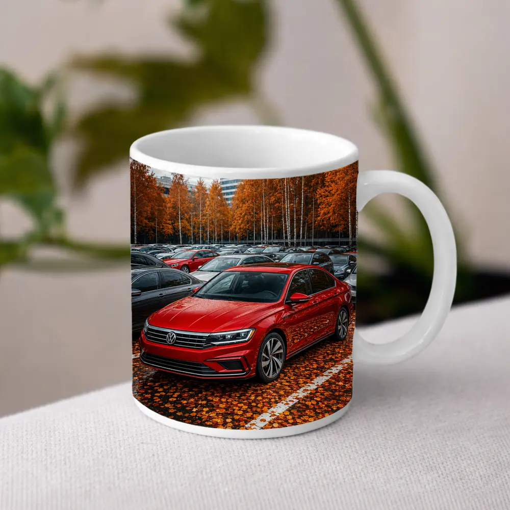 Volkswagen Passat Red Sedan Autumn Parking Lot – Mugs