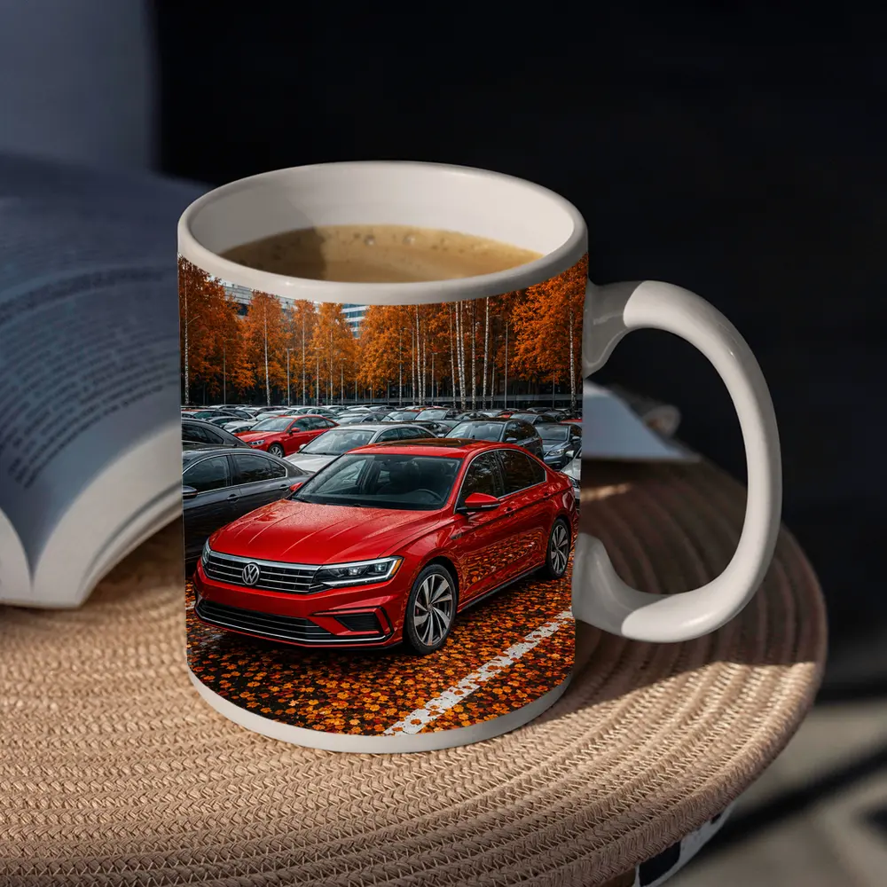 Volkswagen Passat Red Sedan Autumn Parking Lot – Mugs