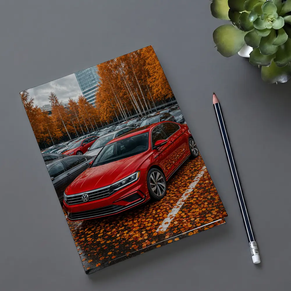 Volkswagen Passat Red Sedan Autumn Parking Lot – Notebooks