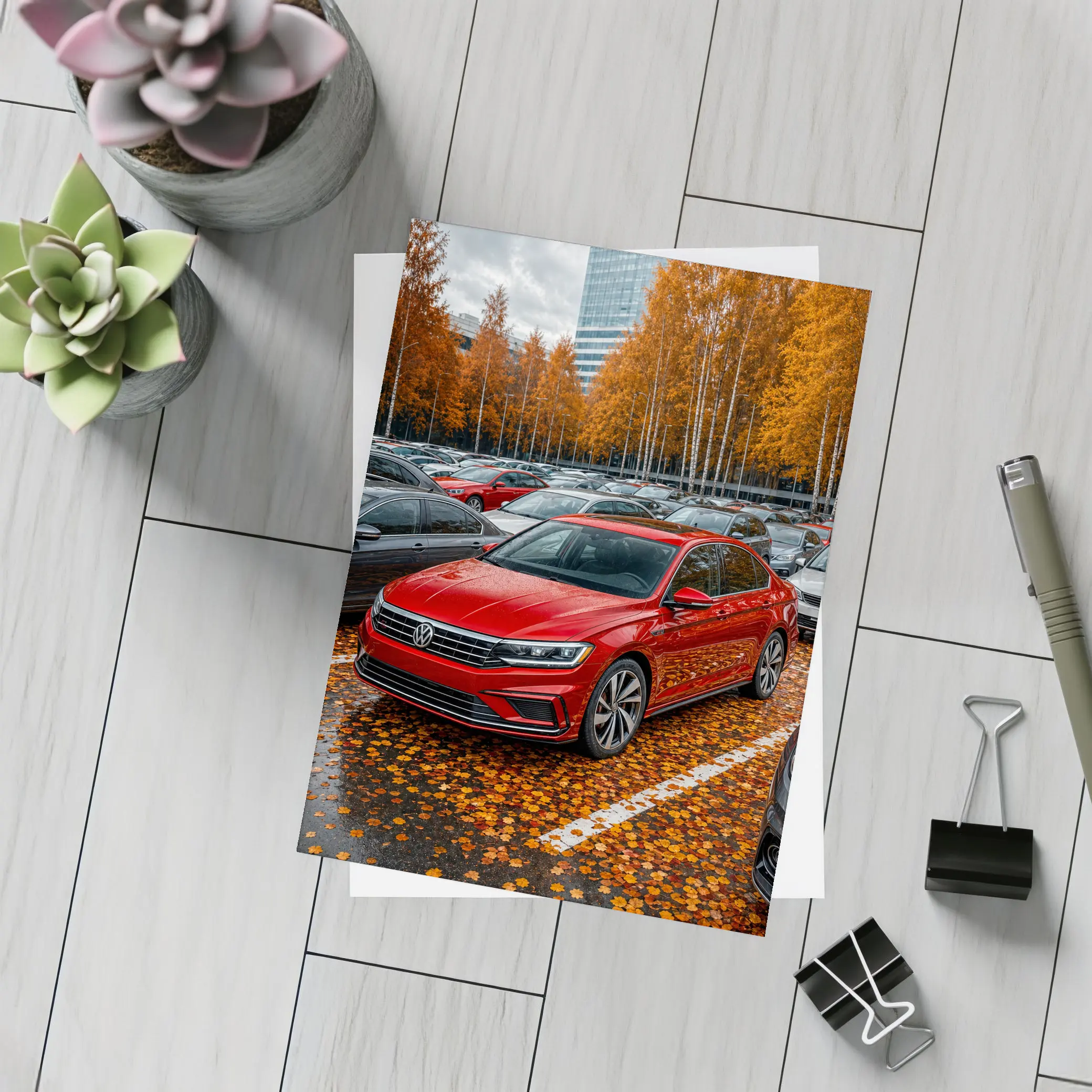 Volkswagen Passat Red Sedan Autumn Parking Lot – Postcards