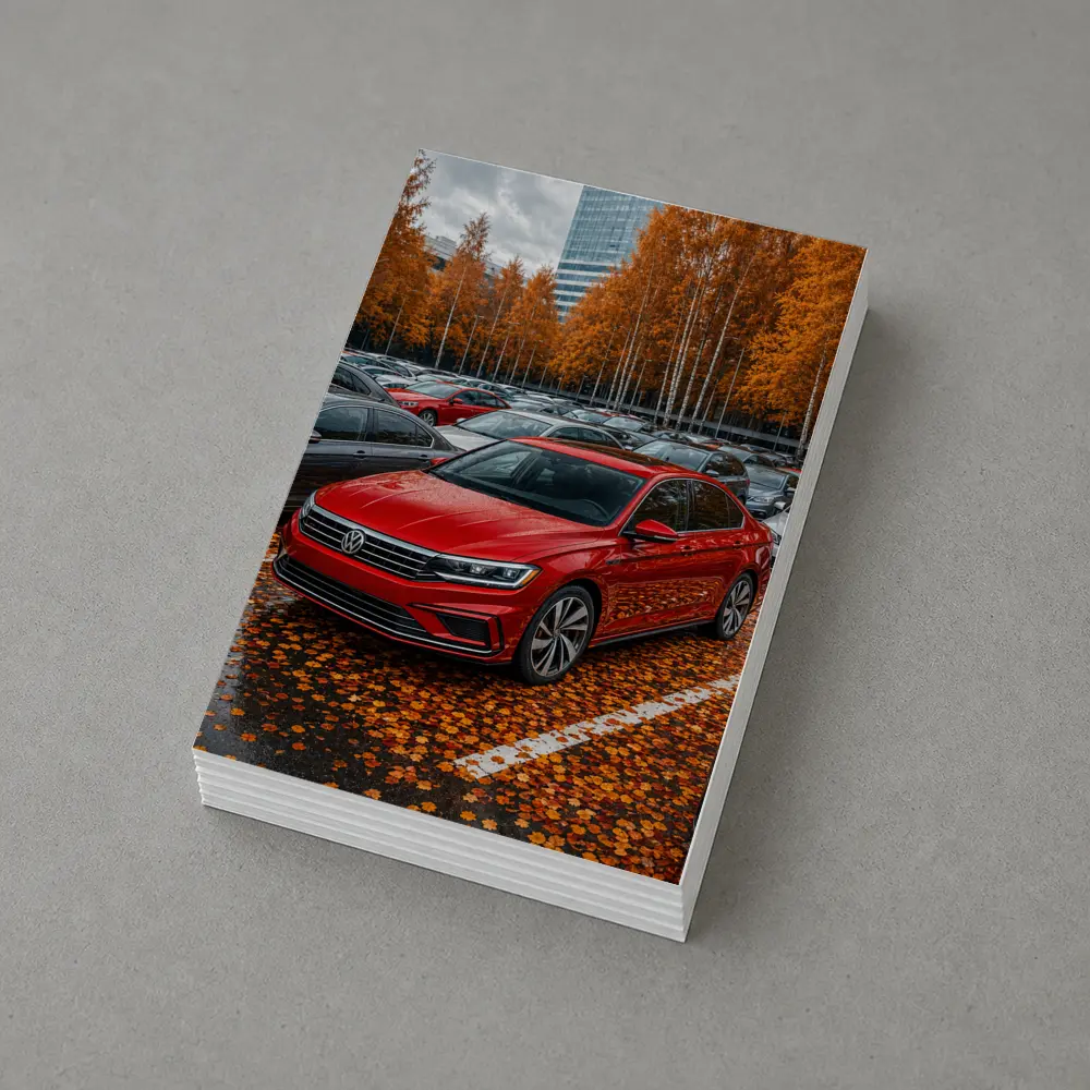 Volkswagen Passat Red Sedan Autumn Parking Lot – Postcards