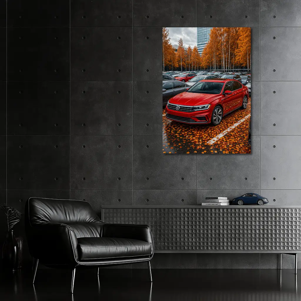 Volkswagen Passat Red Sedan Autumn Parking Lot – Wall Art