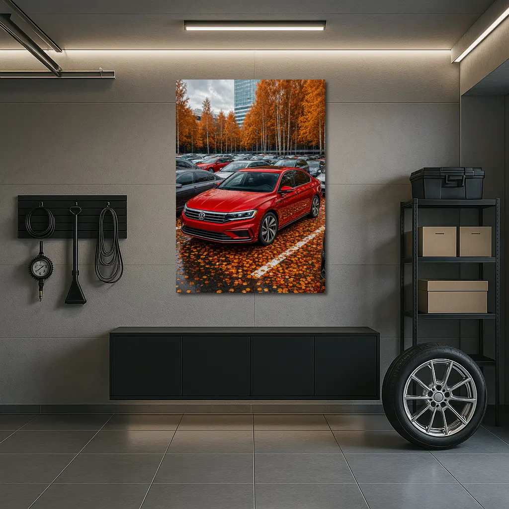 Volkswagen Passat Red Sedan Autumn Parking Lot – Wall Art