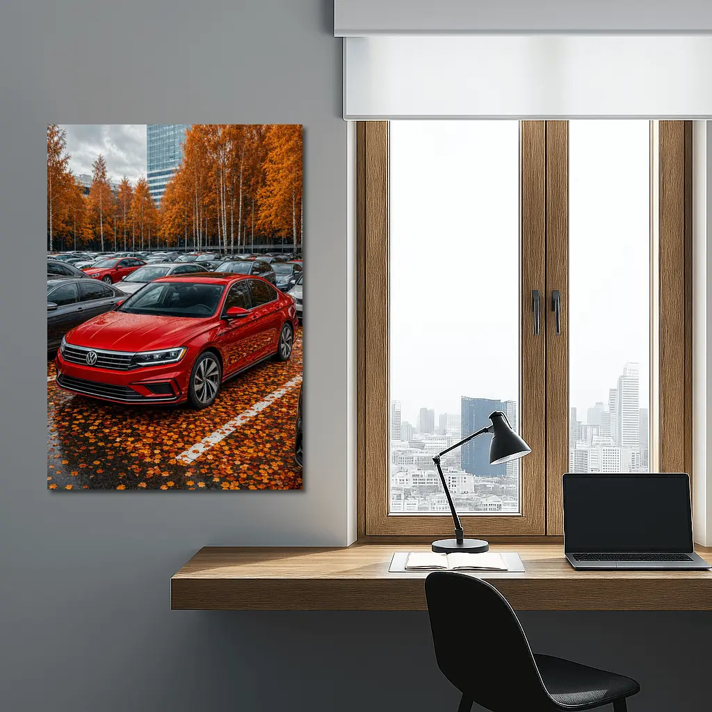 Volkswagen Passat Red Sedan Autumn Parking Lot – Wall Art