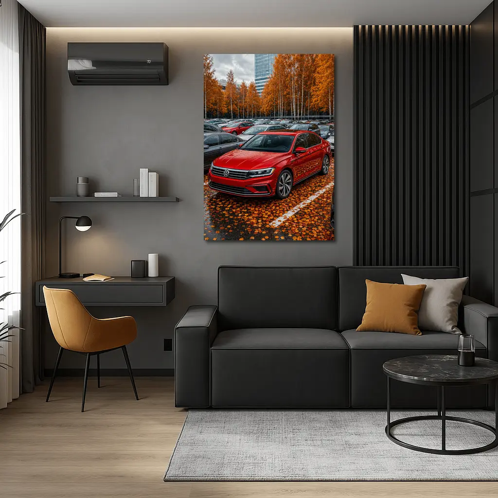 Volkswagen Passat Red Sedan Autumn Parking Lot – Wall Art