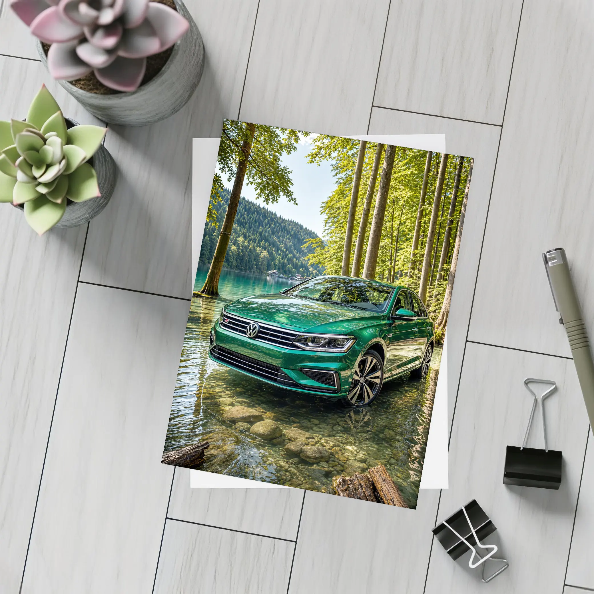 Volkswagen Passat Green by Forest Lake – Postcards