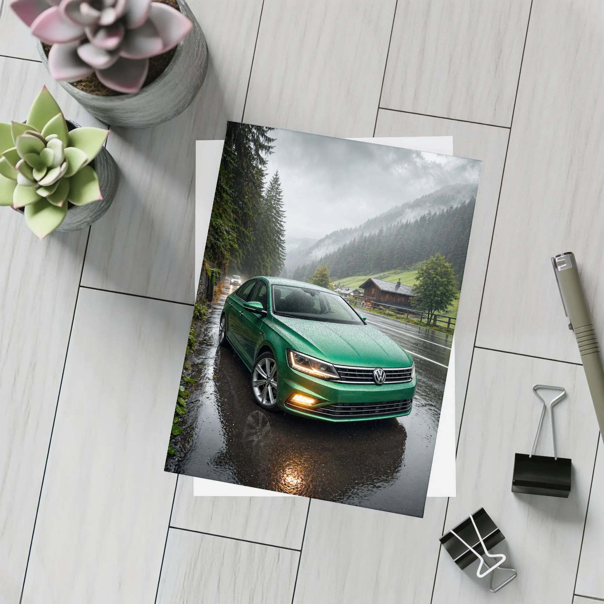 Volkswagen Passat Green Rain Mountain Road – Postcards