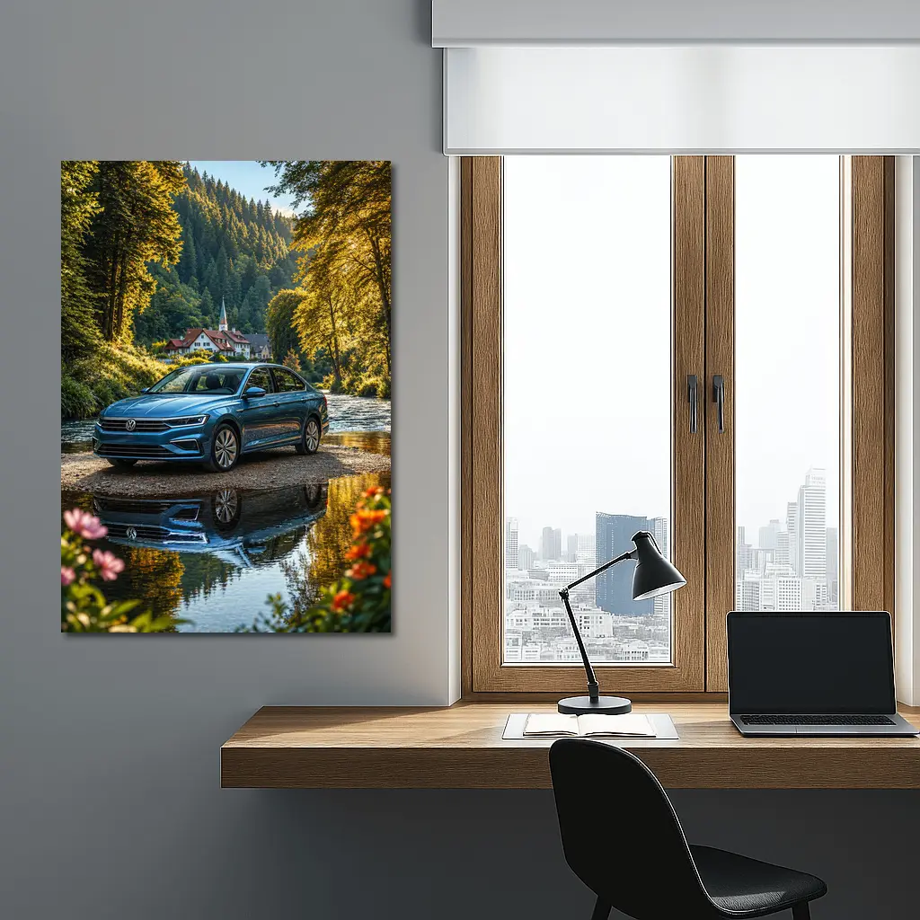 Volkswagen Jetta Blue Sedan River Forest – Wall Art