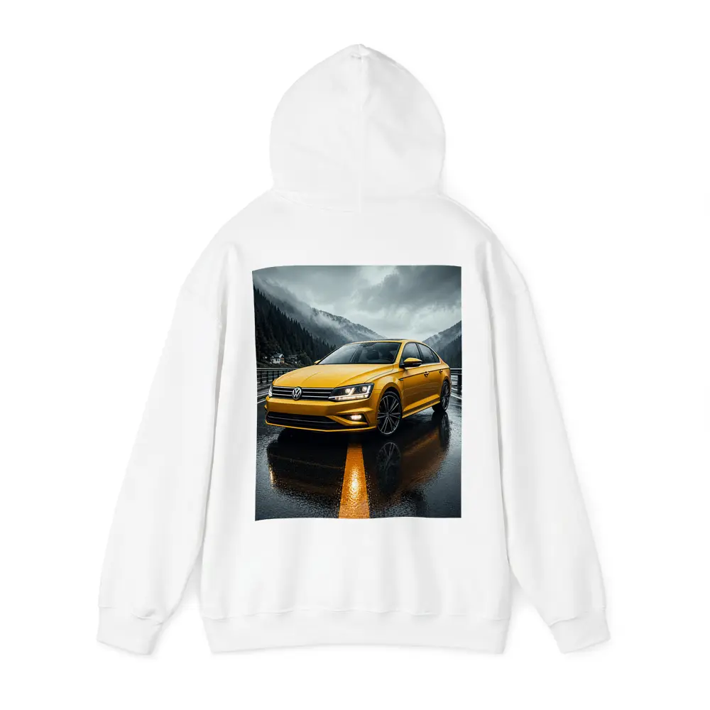 Volkswagen Passat Yellow Sedan Rainy Mountain Road – Hoodies
