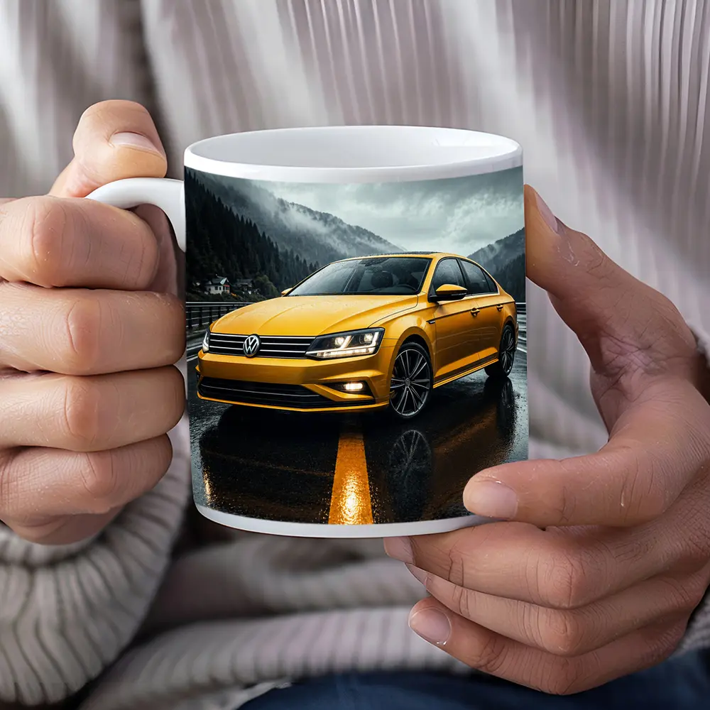 Volkswagen Passat Yellow Sedan Rainy Mountain Road – Mugs