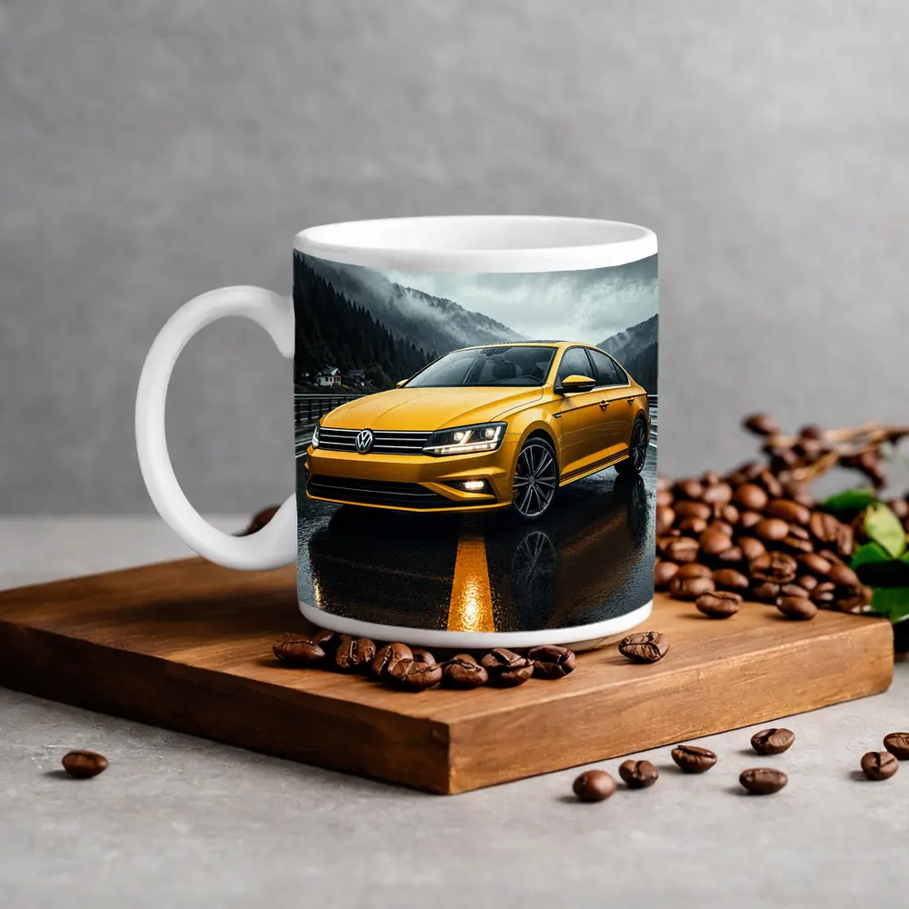 Volkswagen Passat Yellow Sedan Rainy Mountain Road – Mugs