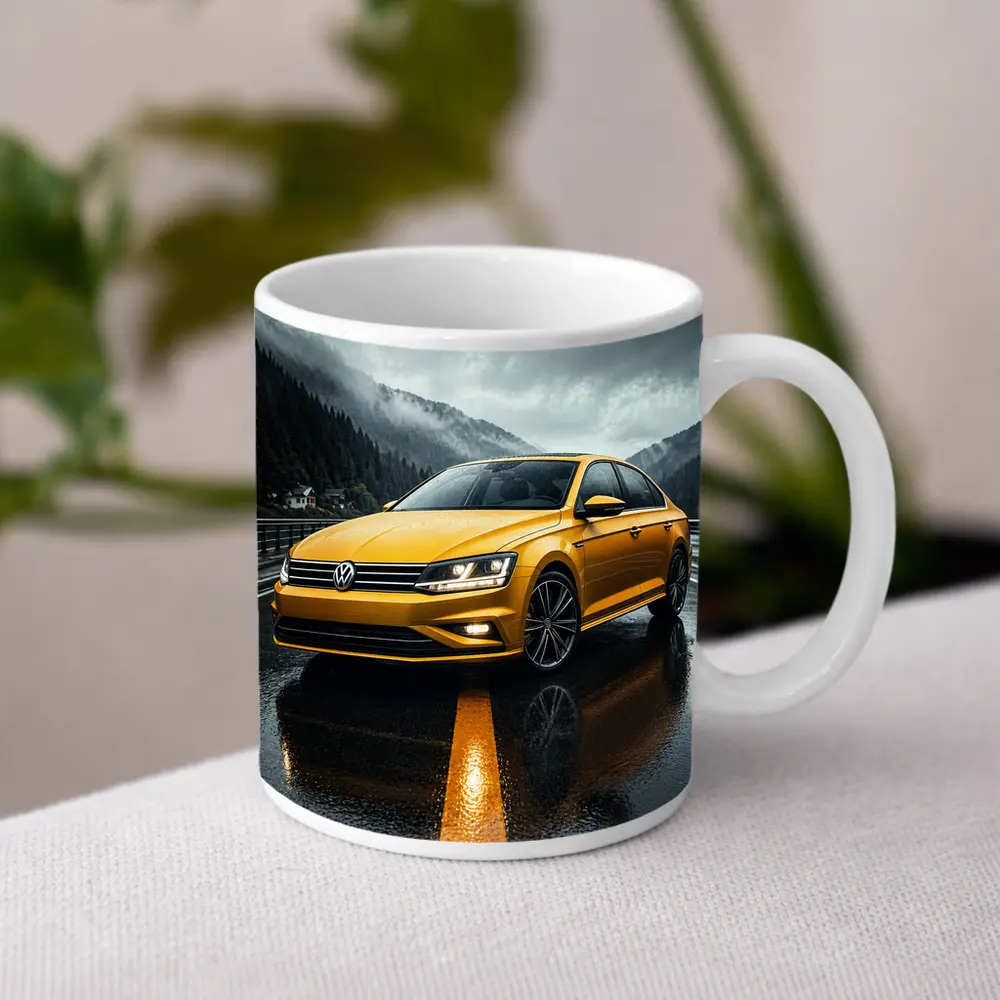 Volkswagen Passat Yellow Sedan Rainy Mountain Road – Mugs