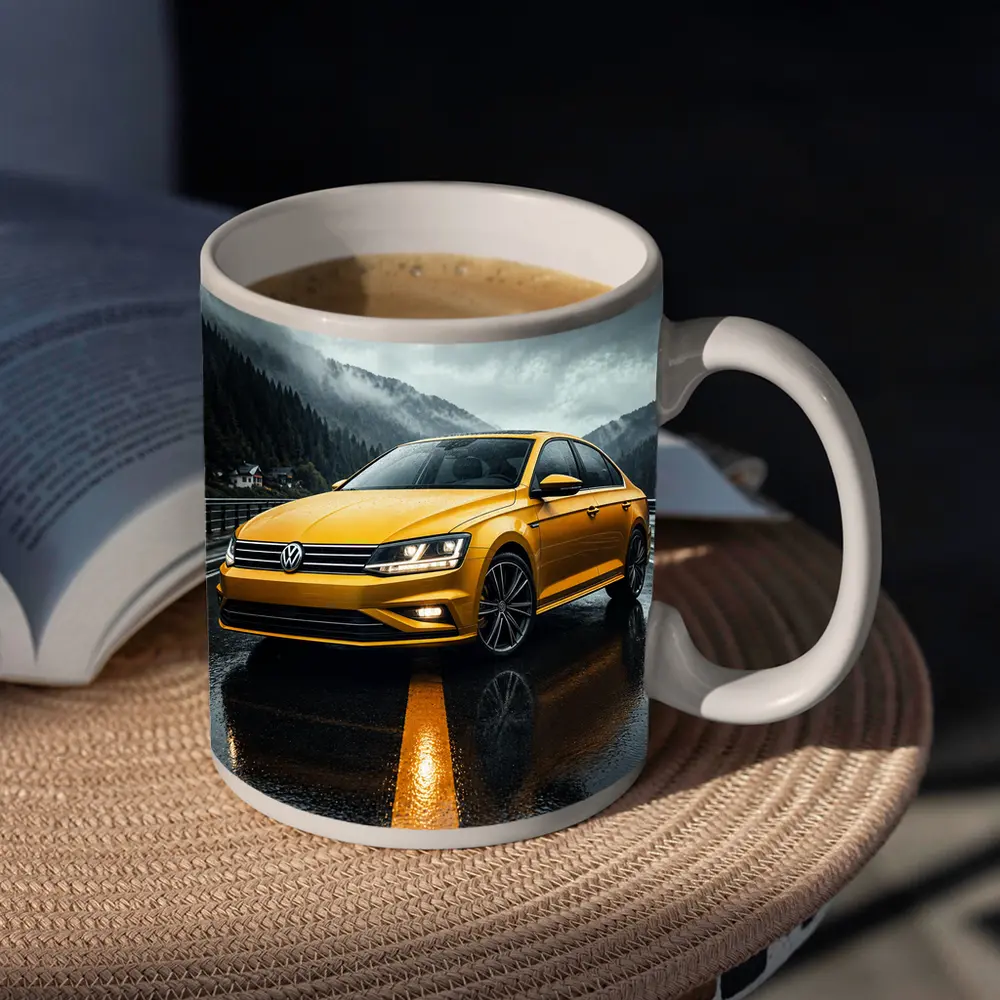 Volkswagen Passat Yellow Sedan Rainy Mountain Road – Mugs