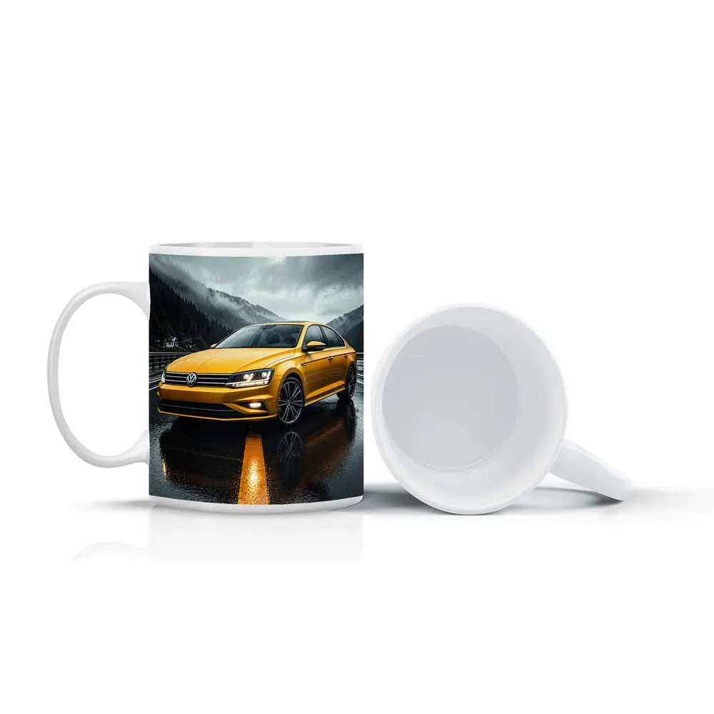 Volkswagen Passat Yellow Sedan Rainy Mountain Road – Mugs
