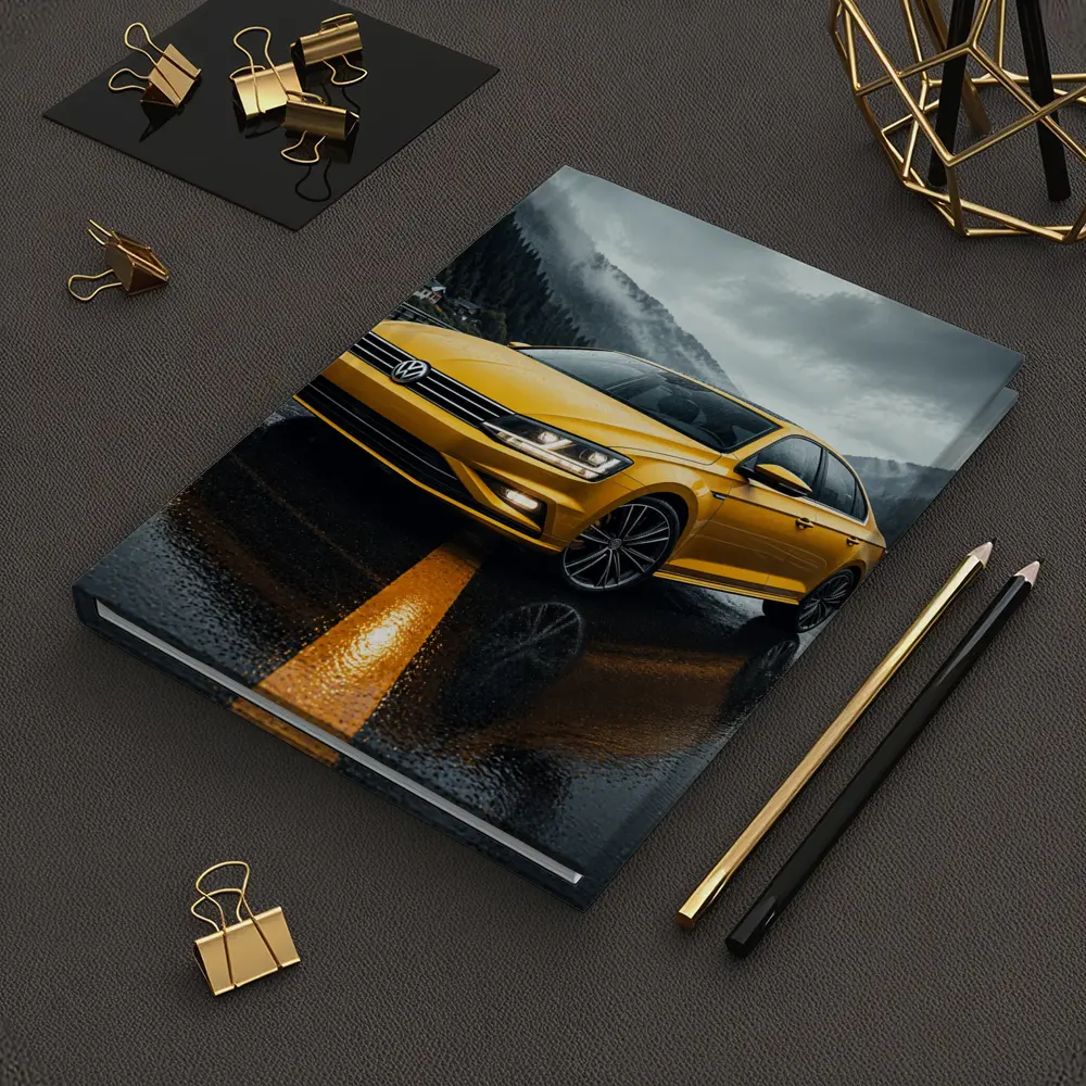 Volkswagen Passat Yellow Sedan Rainy Mountain Road – Notebooks